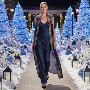 Vintage Embroidered Sheer Chiffon Long Vest Navy Blue, Size L, Evening & Resort